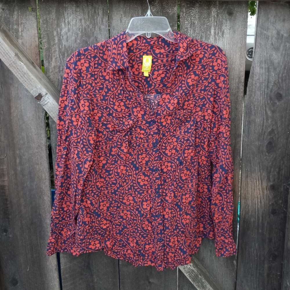 Retro Print Boho Floral Button Up Blouse Size L